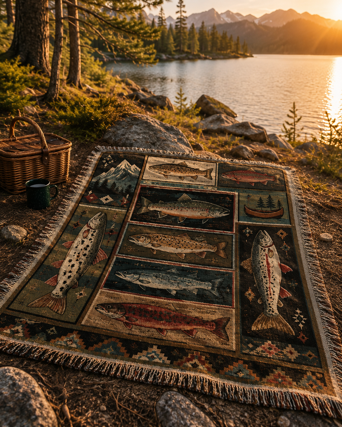 Mountain fish woven blanket near a lake at golden hour