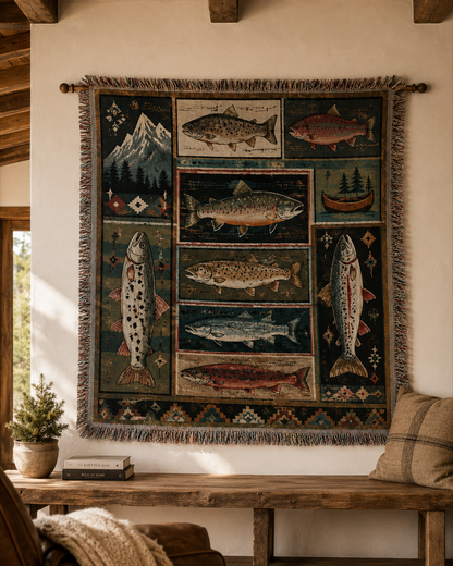 Mountain fish woven blanket displayed as rustic wall decor
