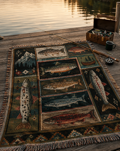 Mountain fish woven blanket styled on a dock with fishing gear