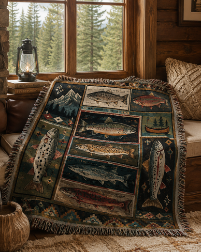 Mountain fish woven blanket in a cozy cabin reading corner