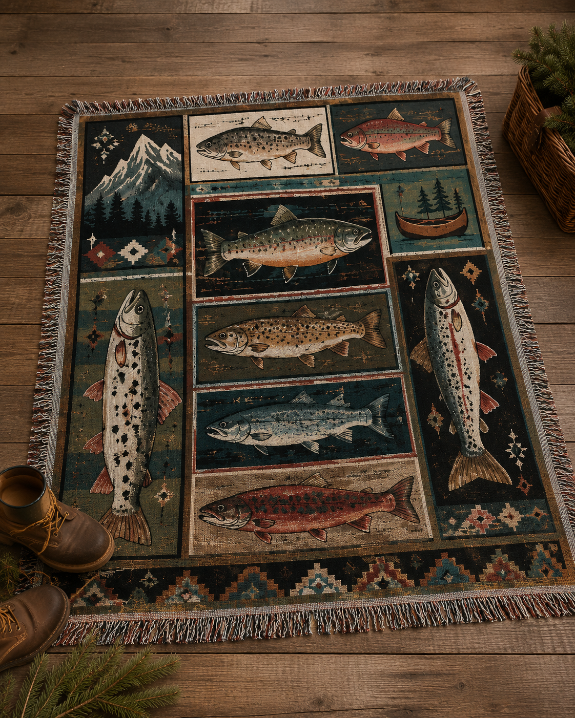 Mountain fish woven blanket flat lay on rustic wood floor
