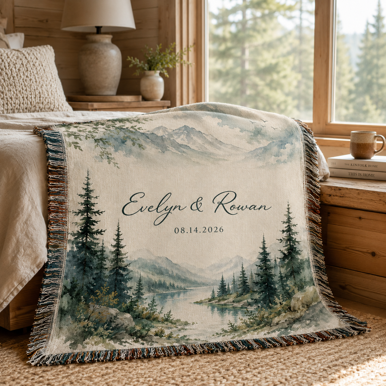 Personalized woven blanket in a cabin bedroom