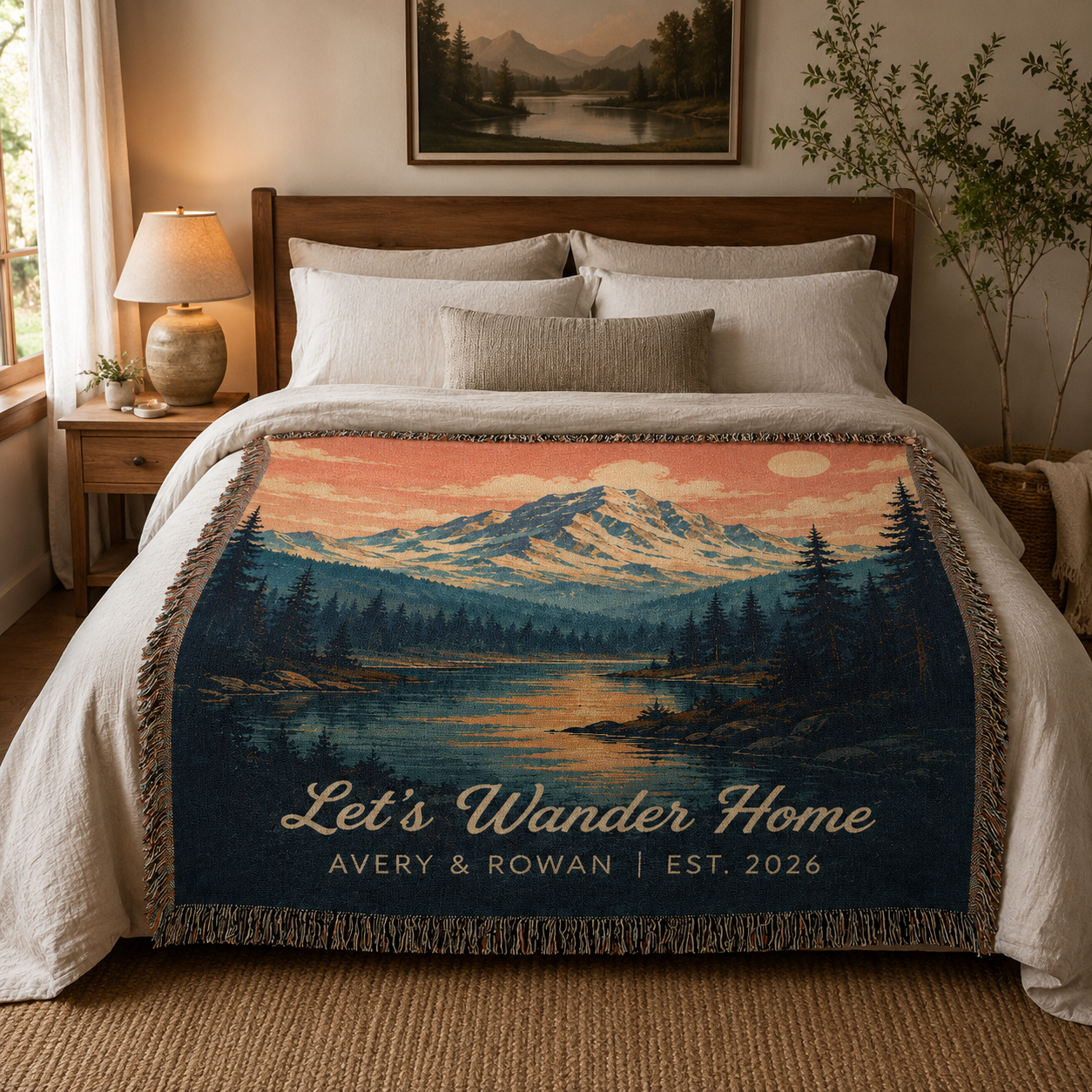 Personalized mountain lake woven blanket displayed across a cozy bedroom bed