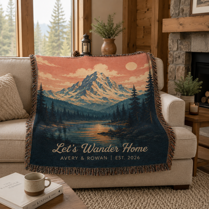 Personalized mountain lake woven blanket styled on a sofa in a rustic cabin living room