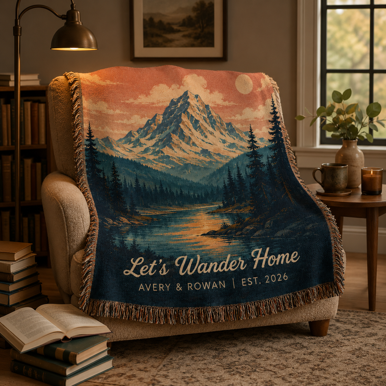Personalized mountain lake woven blanket draped over a cozy reading chair