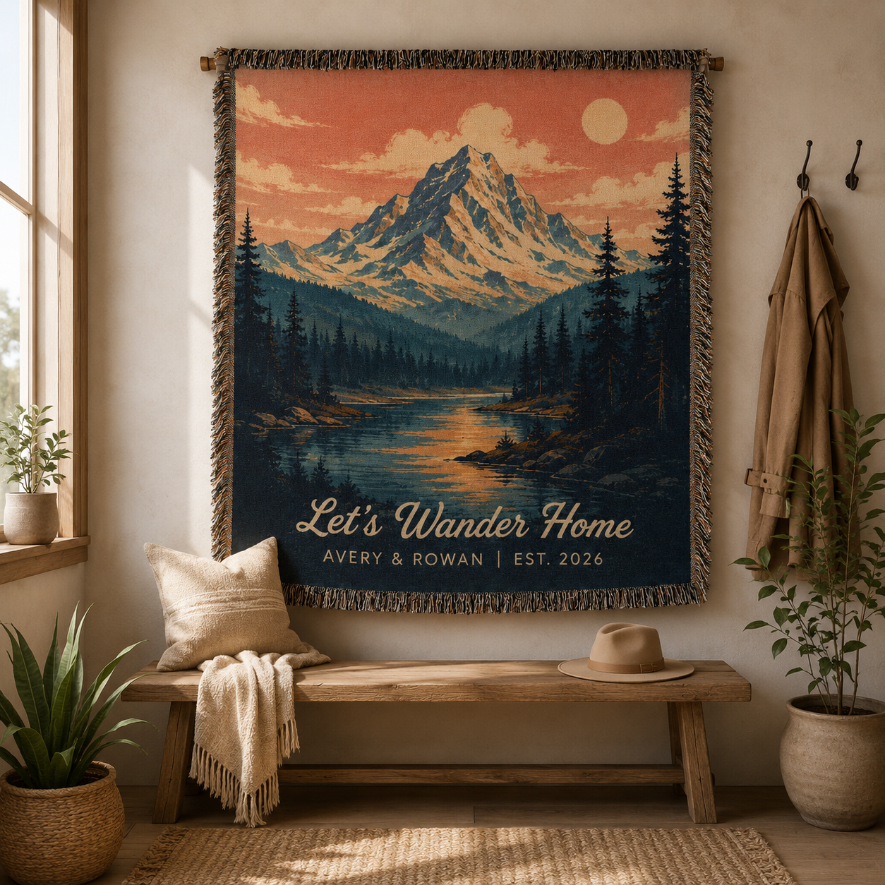 Personalized mountain lake woven blanket displayed as scenic wall textile decor