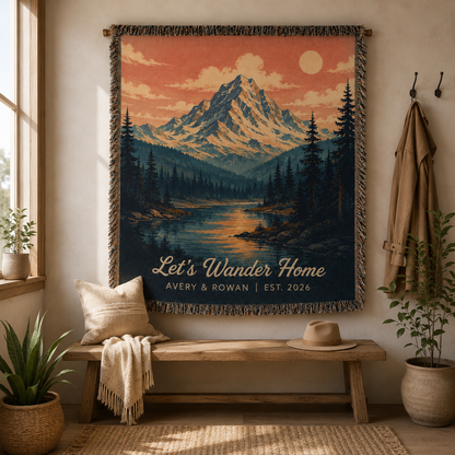 Personalized mountain lake woven blanket displayed as scenic wall textile decor