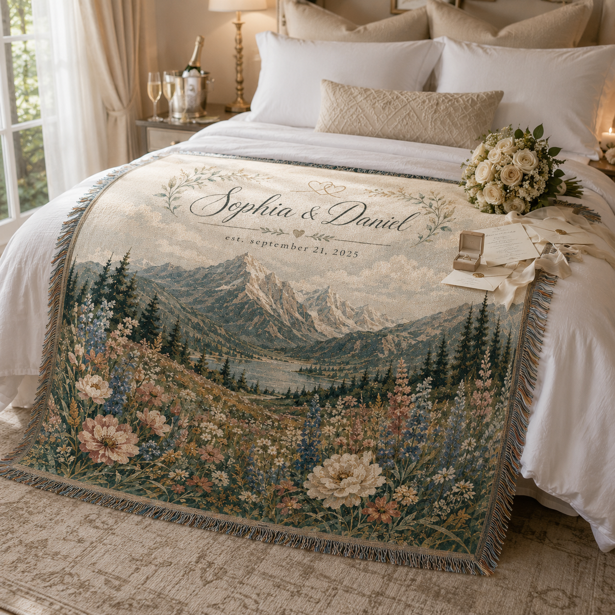 Personalized mountain wedding woven blanket styled in a honeymoon bedroom