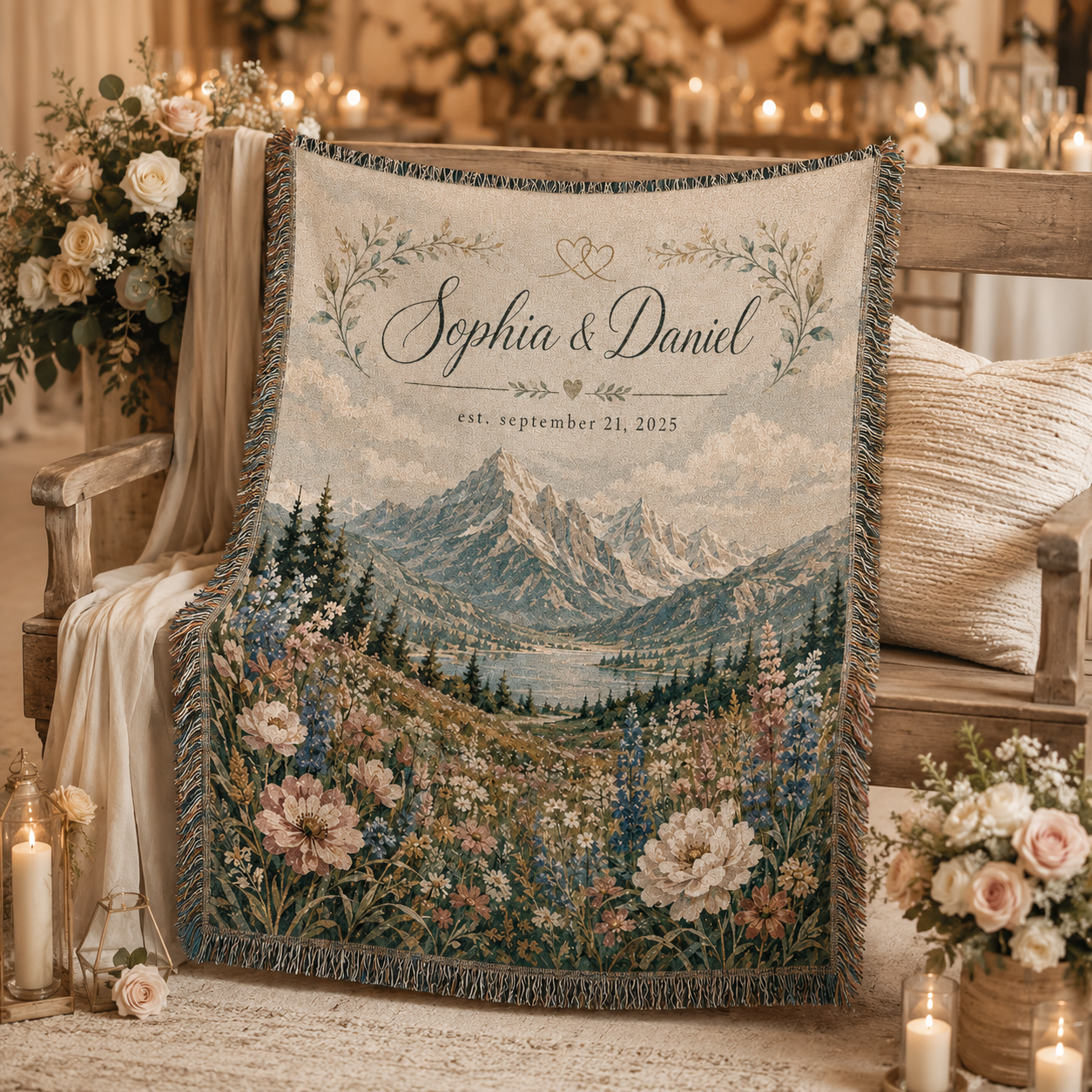 Personalized wedding woven blanket displayed at a romantic reception