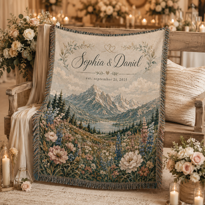 Personalized wedding woven blanket displayed at a romantic reception