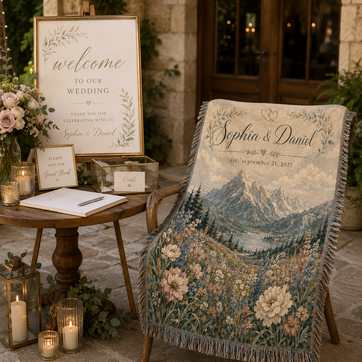 Personalized wedding blanket displayed beside a wedding welcome table