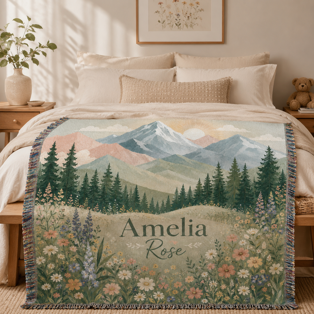 Personalized woven blanket with pastel mountains and wildflowers styled across a bed