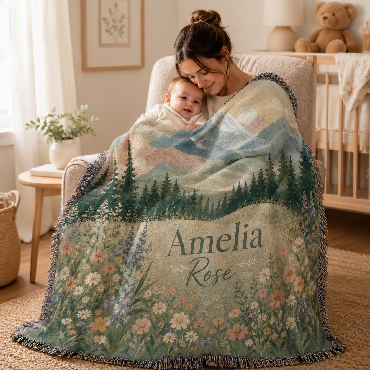 Mother and baby cuddling under a personalized mountain wildflower woven blanket