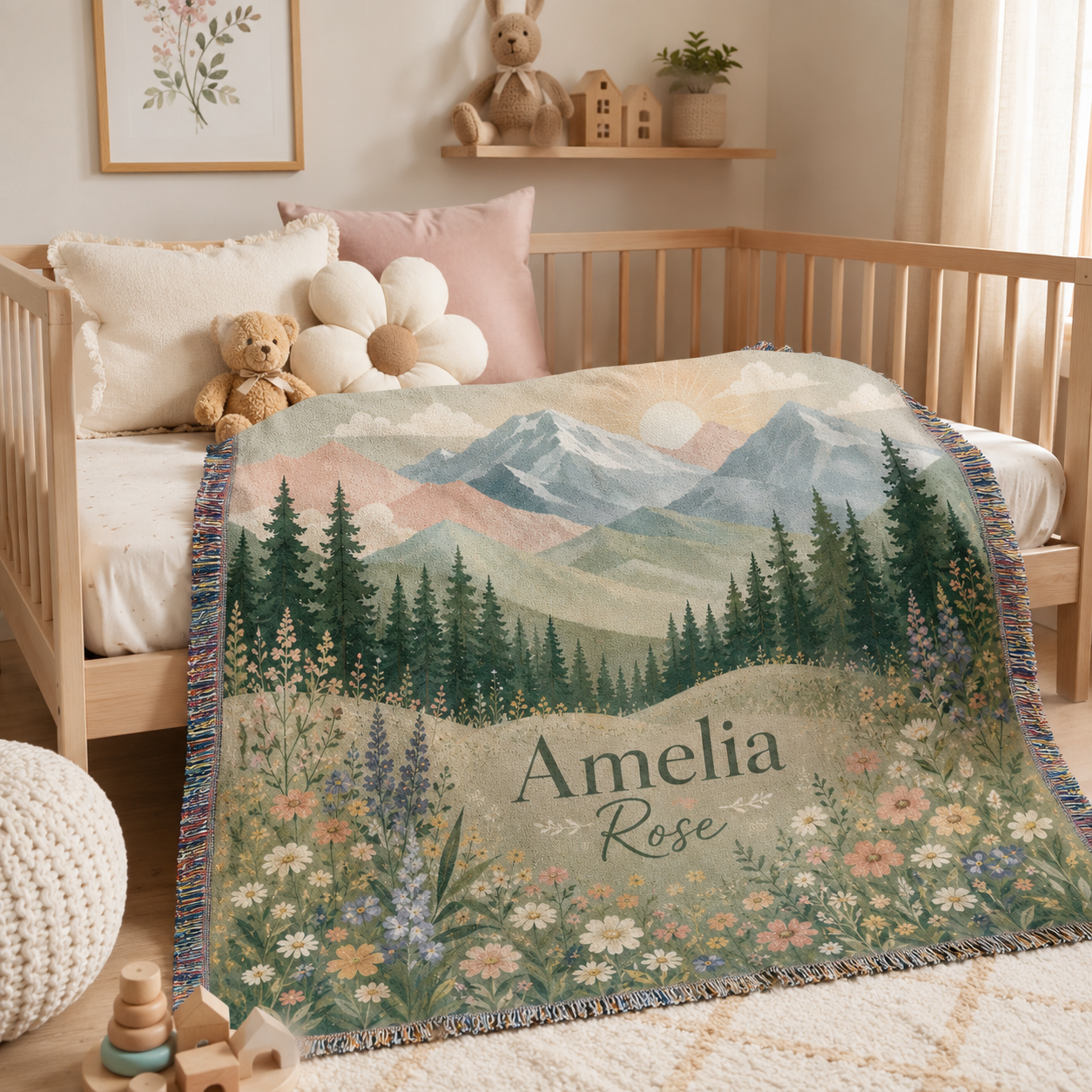 Personalized mountain wildflower woven blanket styled on a cozy nursery bed