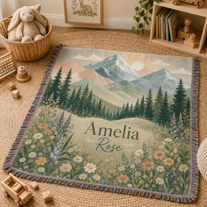Personalized mountain and floral woven blanket displayed on a nursery playroom floor