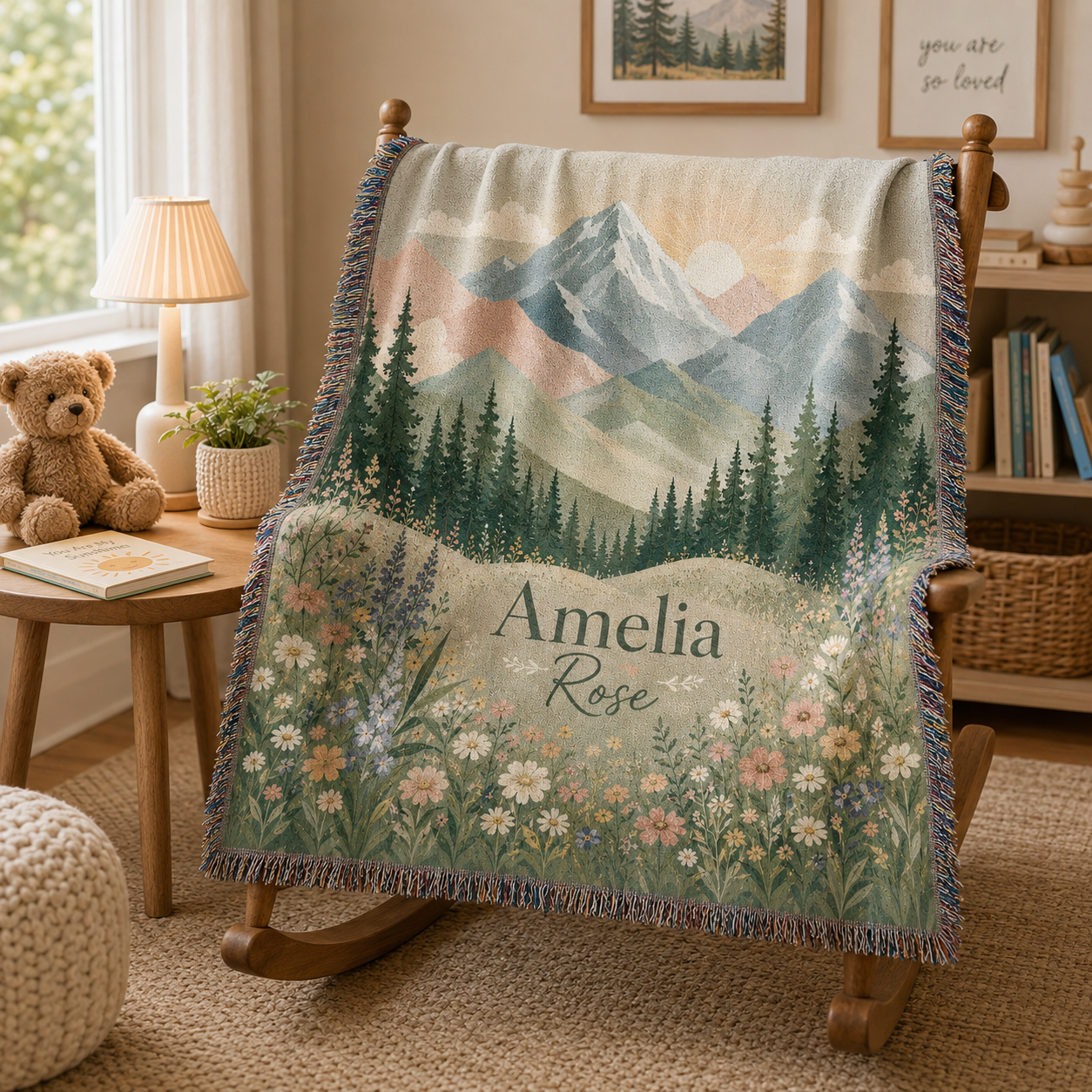 Custom name mountain wildflower woven blanket draped over a nursery rocking chair
