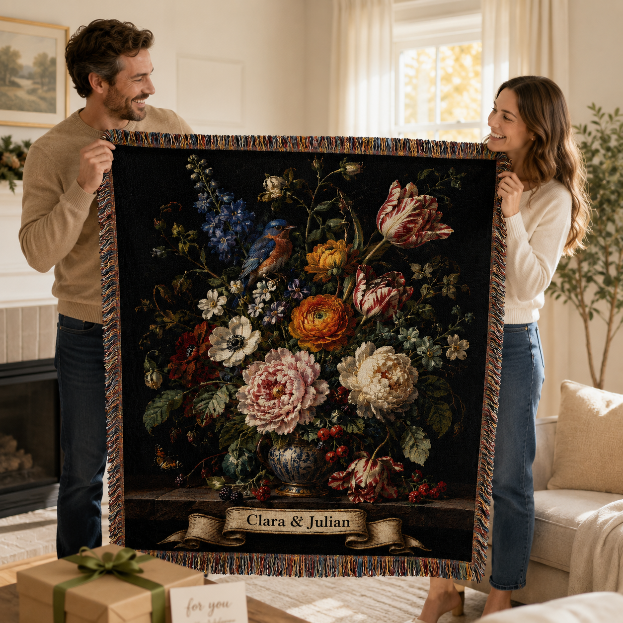 Couple holding a personalized museum floral woven blanket as a meaningful gift