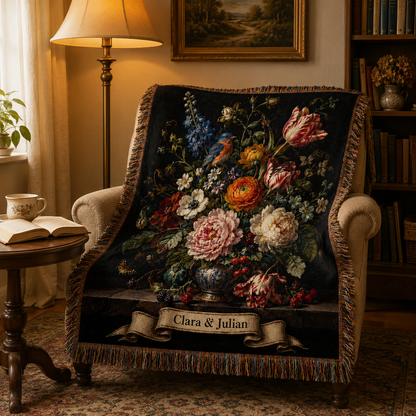 Personalized floral and bluebird woven blanket in a warm reading nook