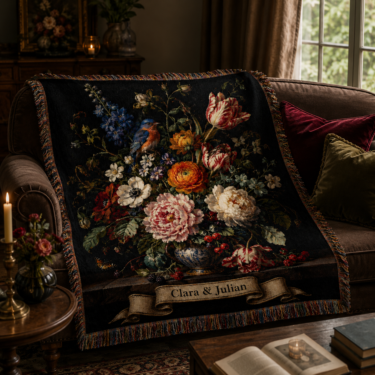 Personalized floral still life woven blanket styled on a classic sofa