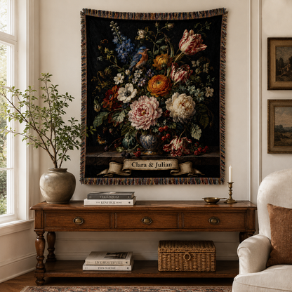 Personalized museum floral woven blanket displayed as tapestry wall decor