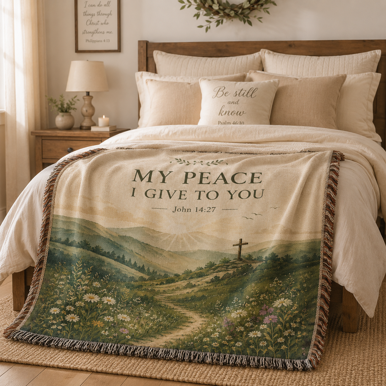 My Peace I Give to You Christian woven blanket styled across a cozy bed