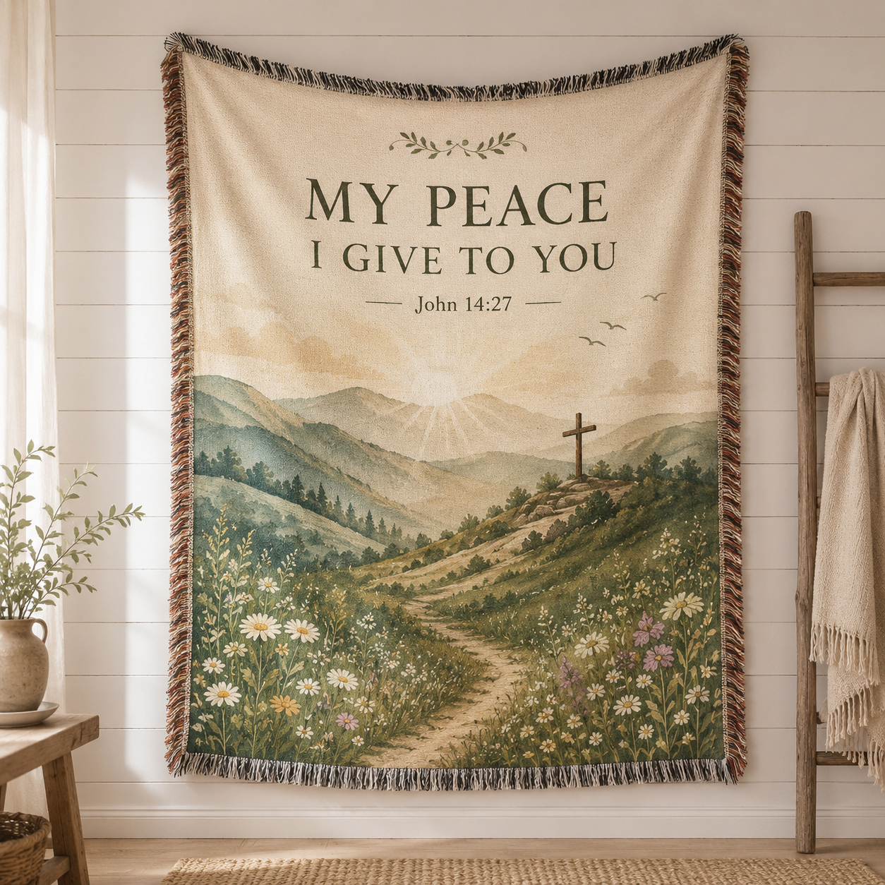 My Peace I Give to You John 14:27 Christian woven blanket with mountain meadow and cross