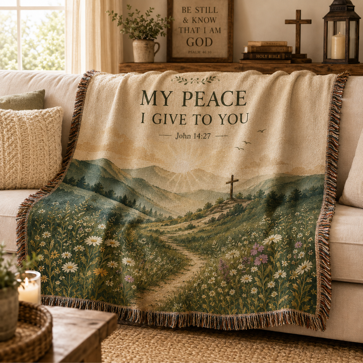 Christian John 14:27 woven blanket softly draped on a neutral sofa
