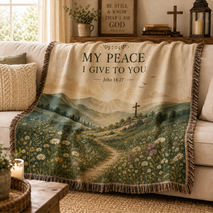 Christian John 14:27 woven blanket softly draped on a neutral sofa