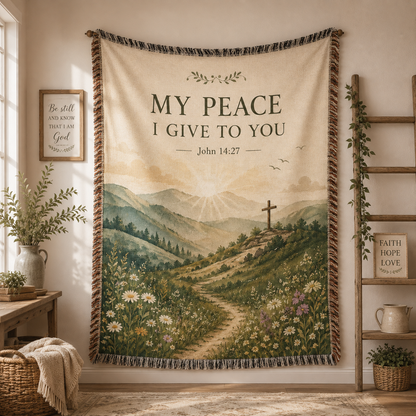 John 14:27 Christian woven blanket displayed as faith-inspired wall decor