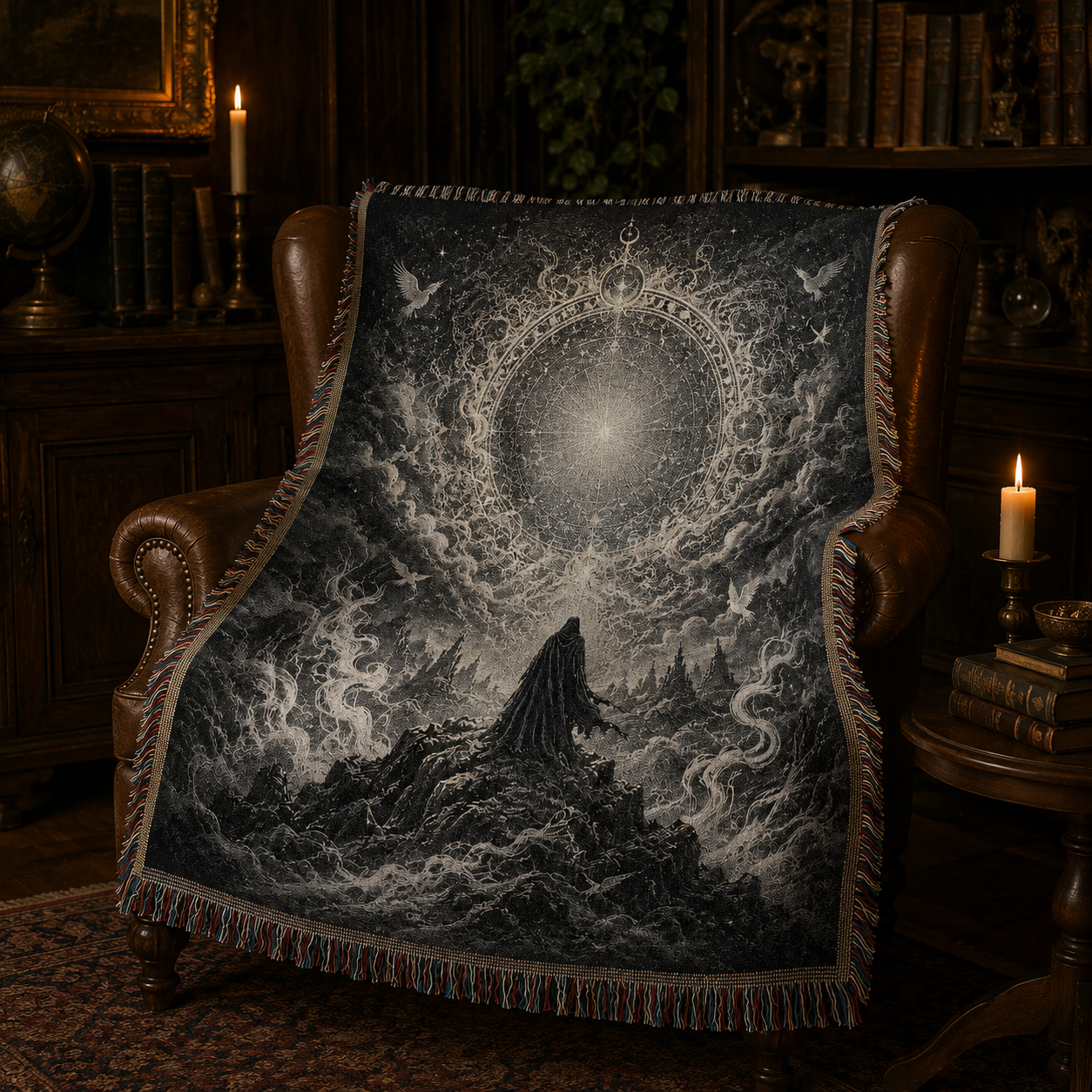 Mystic celestial portal woven blanket draped over a leather armchair in an antique study