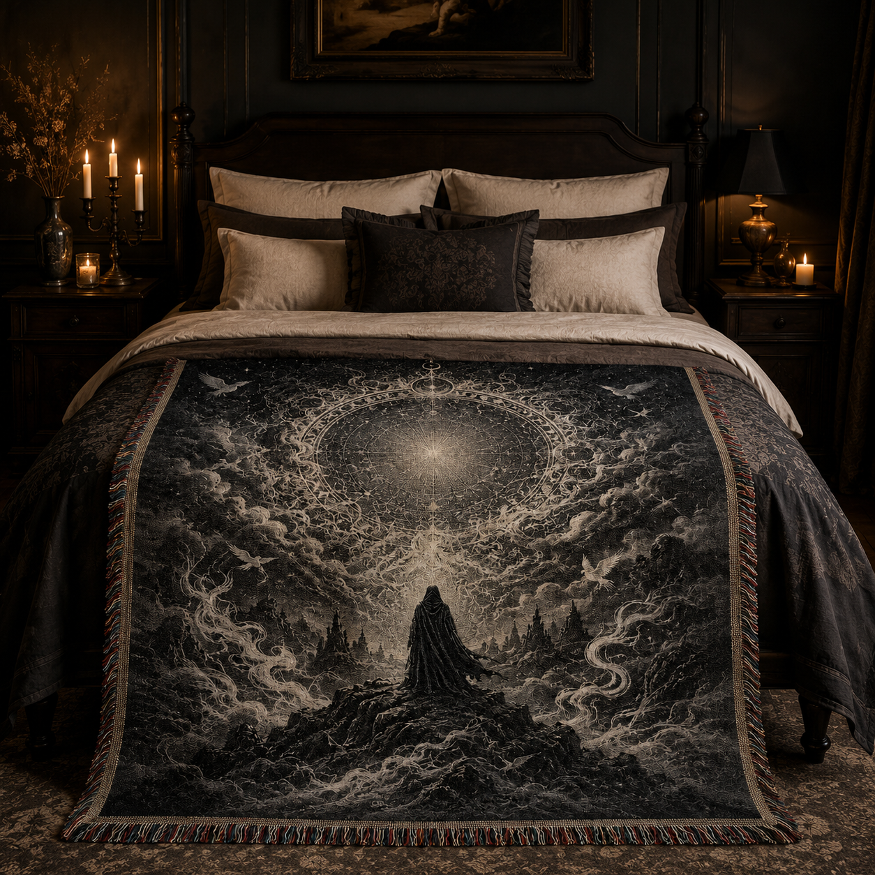 Mystic celestial portal woven blanket displayed across a gothic candlelit bed