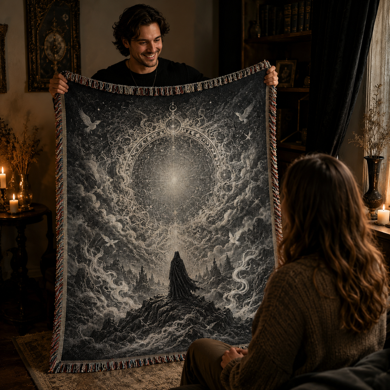 Person presenting a mystic celestial portal woven blanket as a gothic home gift