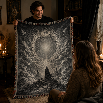Person presenting a mystic celestial portal woven blanket as a gothic home gift