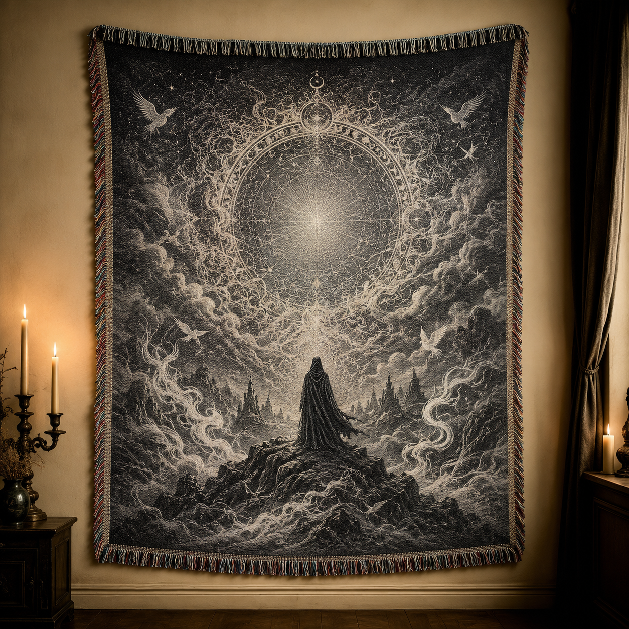 Mystic celestial portal woven blanket with cloaked wanderer, cosmic wheel and fringe