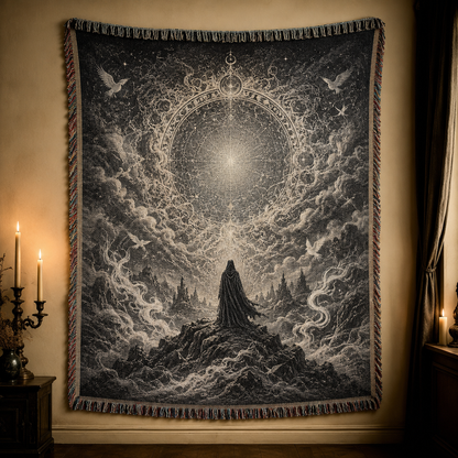 Mystic celestial portal woven blanket with cloaked wanderer, cosmic wheel and fringe