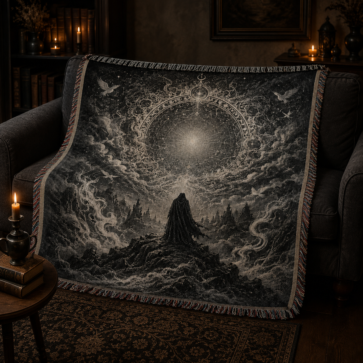 Mystic celestial portal woven blanket styled on a dark sofa in a candlelit room