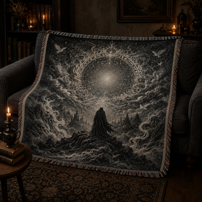 Mystic celestial portal woven blanket styled on a dark sofa in a candlelit room