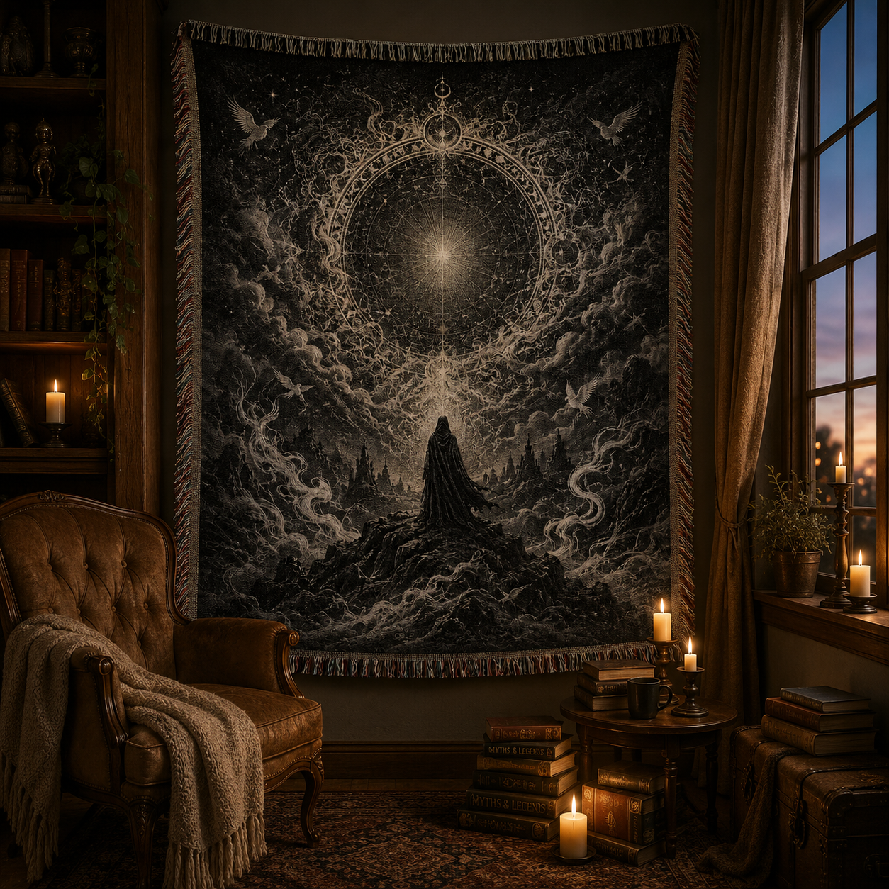 Mystic celestial portal woven tapestry displayed in a dark cozy reading nook