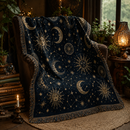 Mystical celestial woven blanket displayed on a dark cozy reading chair with warm candlelight