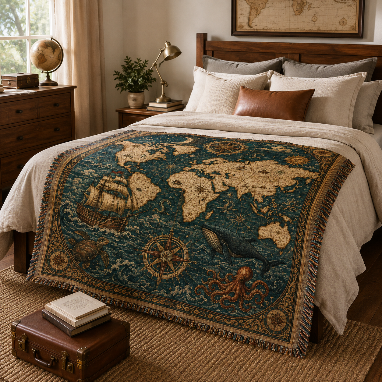 Vintage explorer world map woven blanket displayed across a neutral bedroom bed