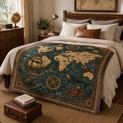 Vintage explorer world map woven blanket displayed across a neutral bedroom bed