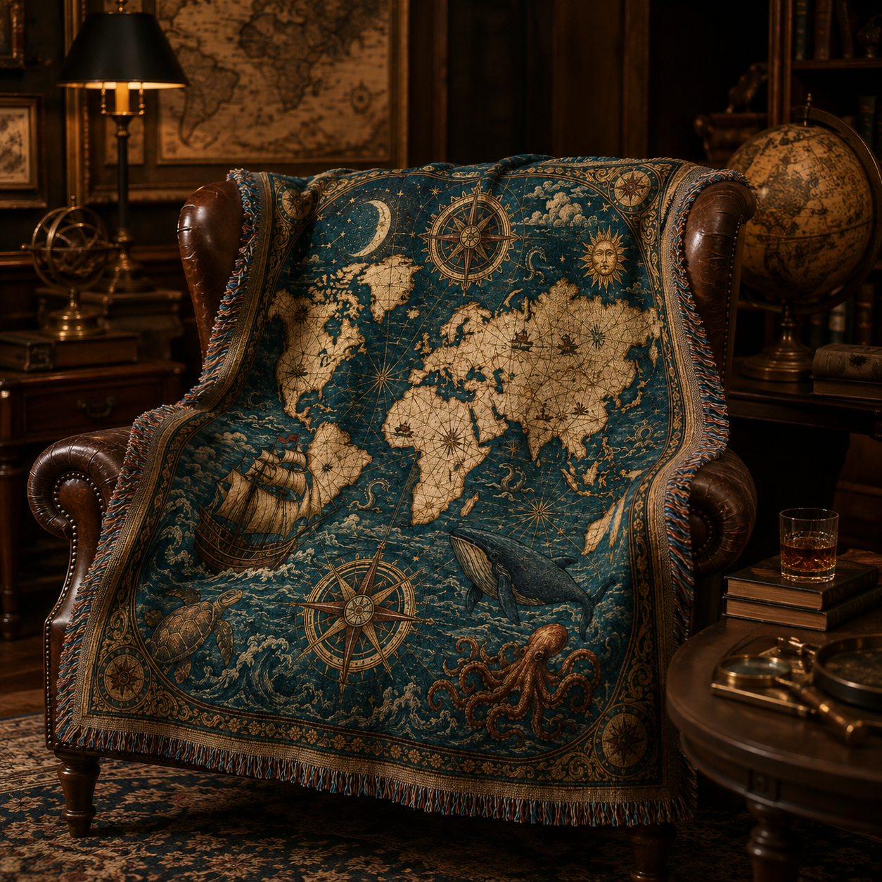 Vintage nautical map woven blanket draped over a leather chair in an explorer study