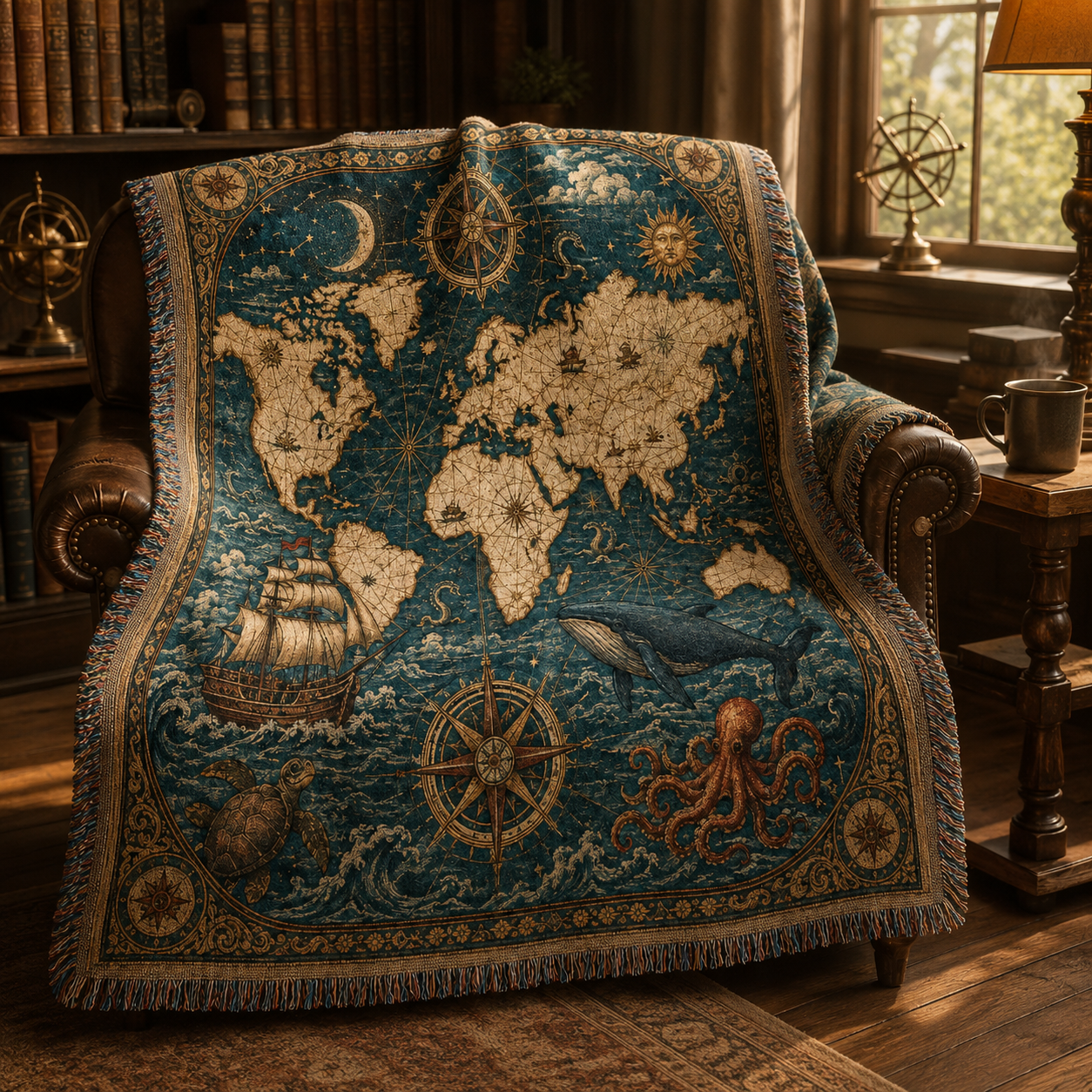 Nautical world map woven blanket styled on a leather chair in a warm library