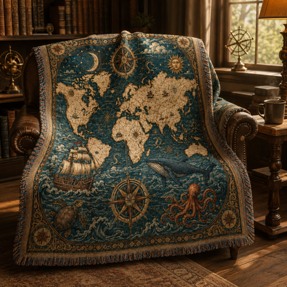 Nautical world map woven blanket styled on a leather chair in a warm library