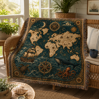Antique nautical map woven blanket styled on a wicker bench in a bright sunroom