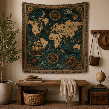 Nautical world map woven blanket displayed as statement wall tapestry above a wooden bench