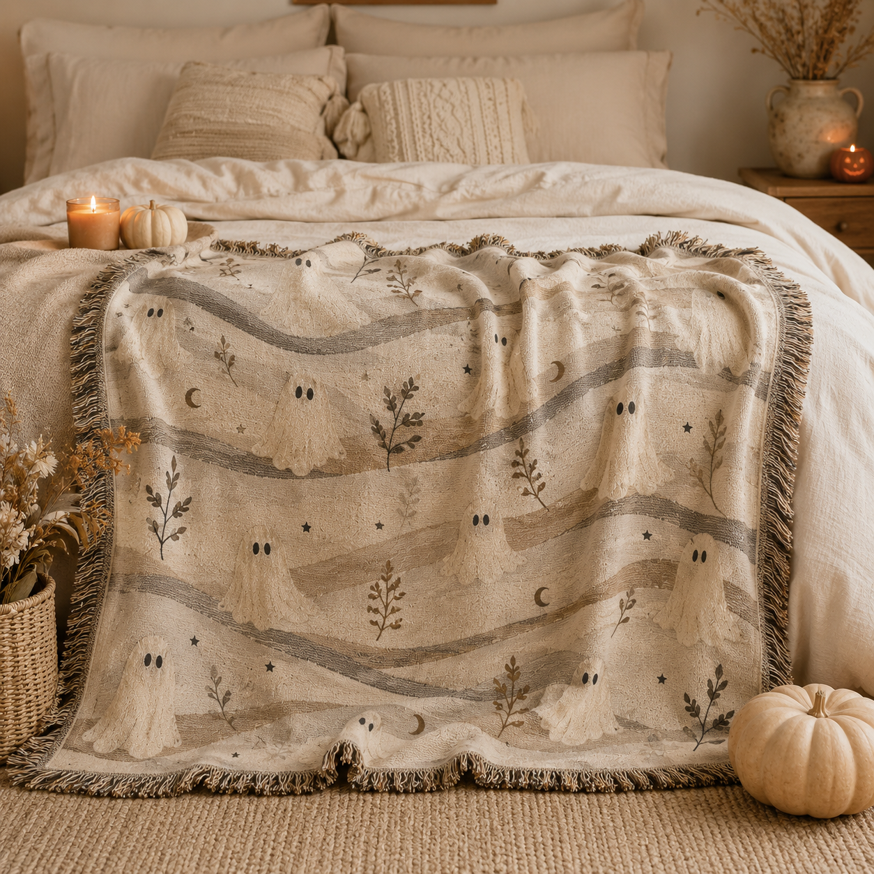 Neutral ghost Halloween woven blanket styled across a cozy autumn bedroom bed