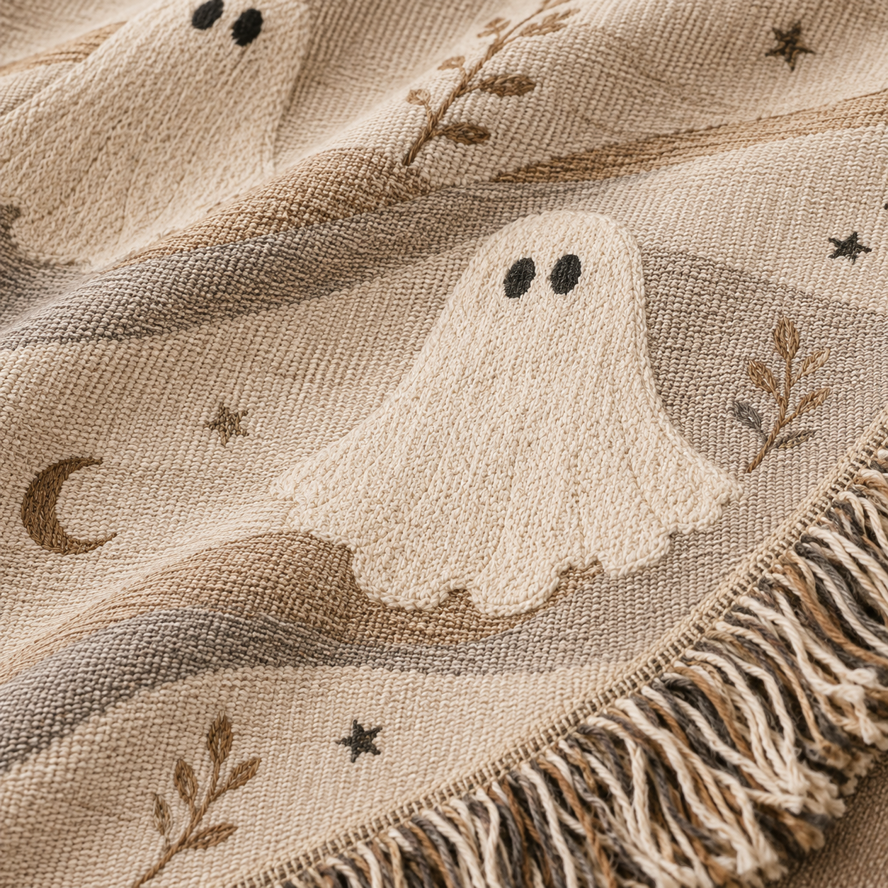 Macro close-up of neutral ghost Halloween woven blanket showing woven texture and fringe