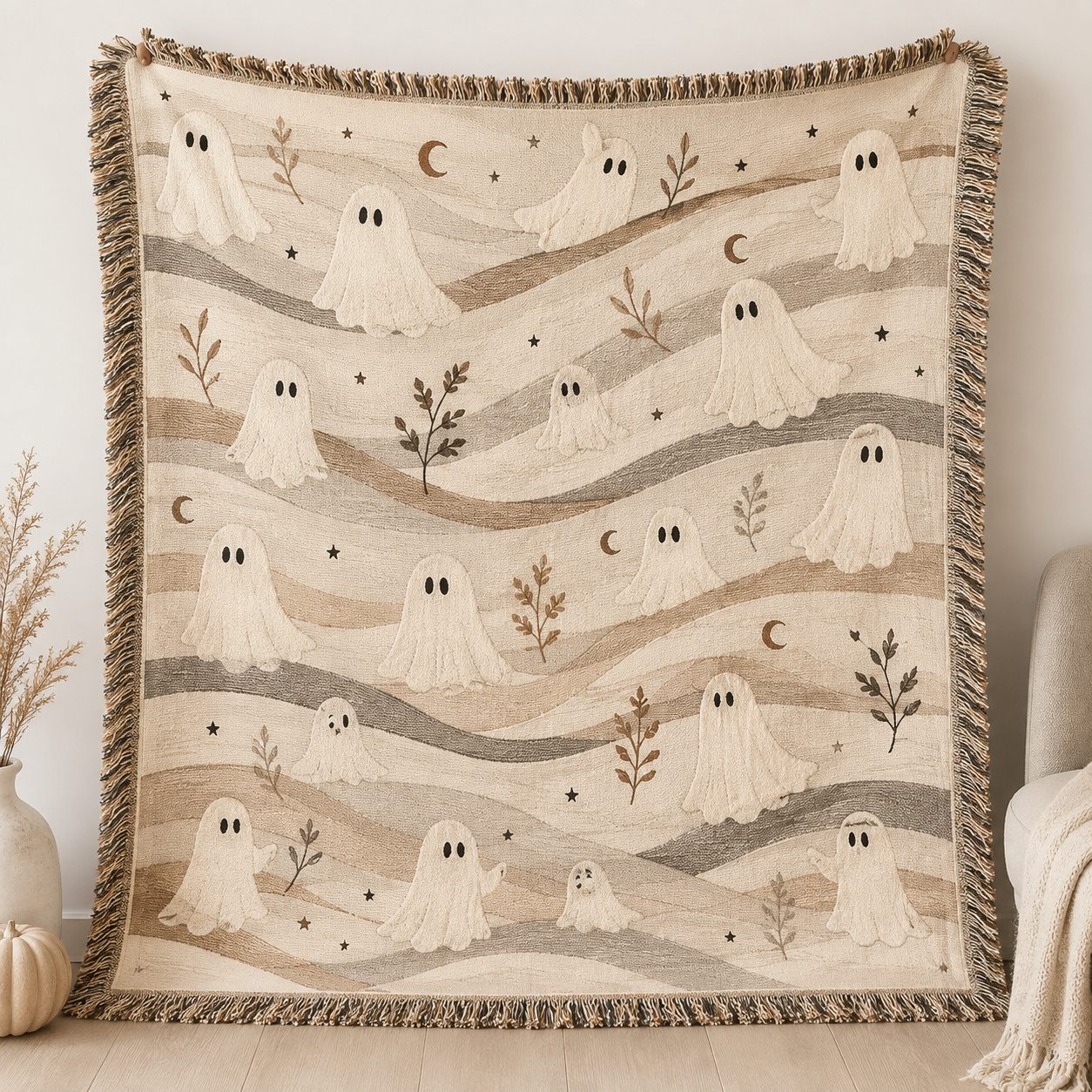 Neutral ghost Halloween woven blanket with crescent moons, stars, botanical sprigs and fringe
