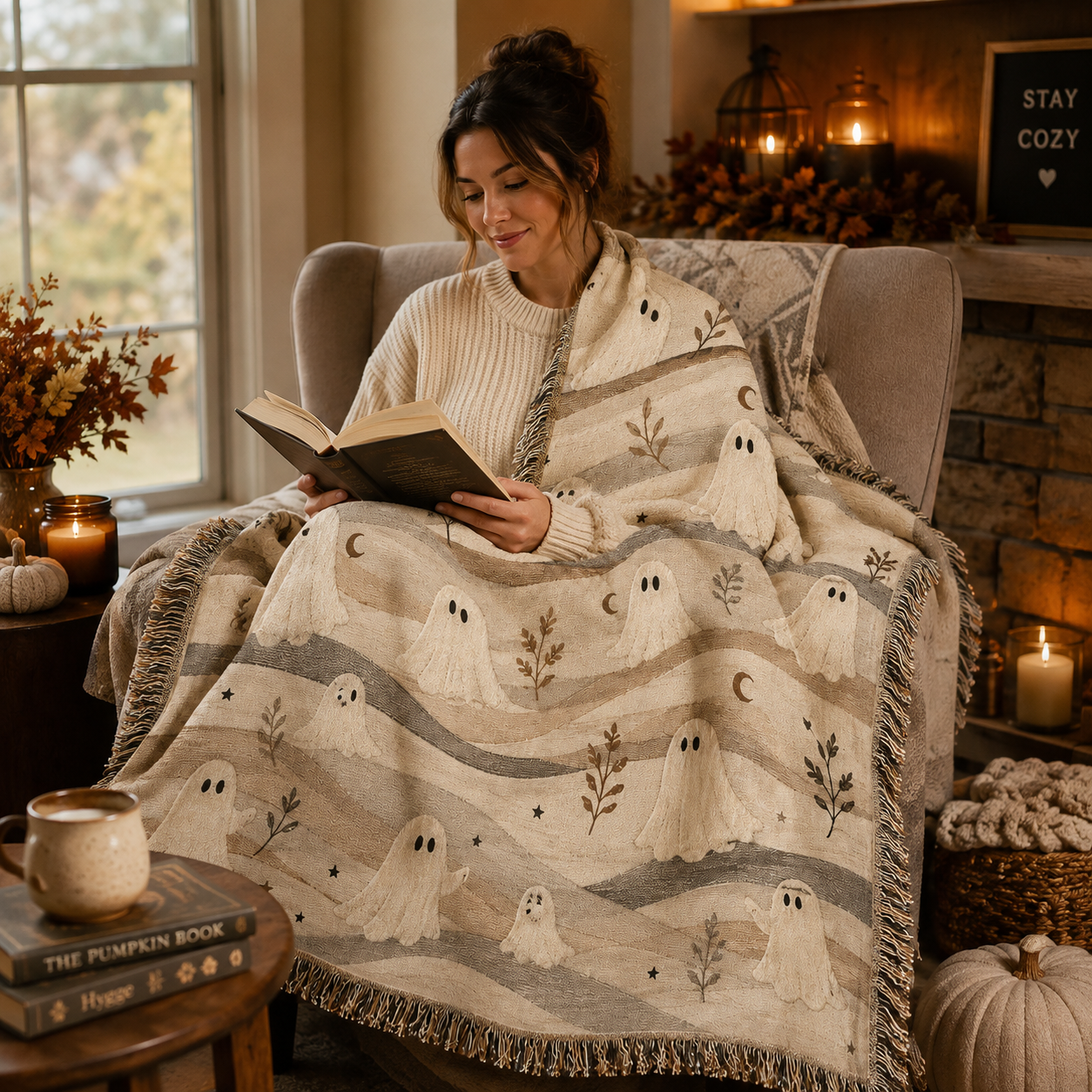 Reader wrapped in a soft neutral ghost Halloween woven blanket in a cozy reading nook